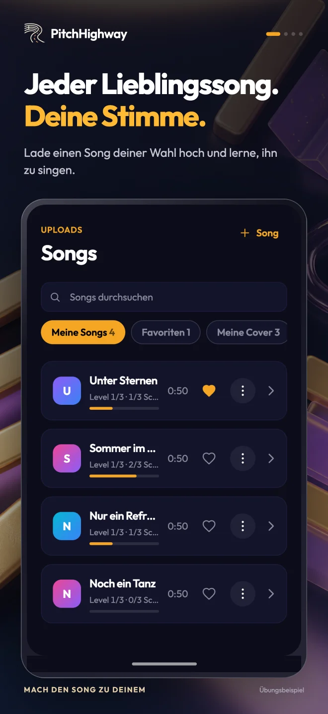 PitchHighway Songübersicht mit hochgeladenen Songs und Übungsfortschritt