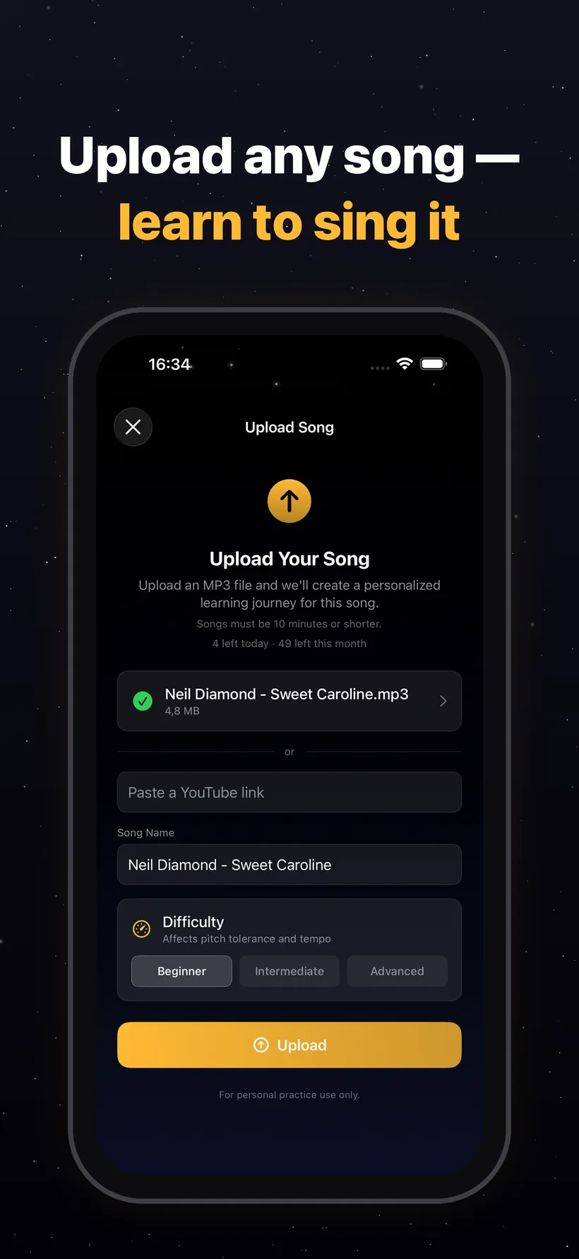PitchHighway song library — upload any MP3
