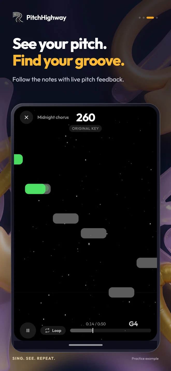 Highway player with target notes, live pitch and a phrase loop control