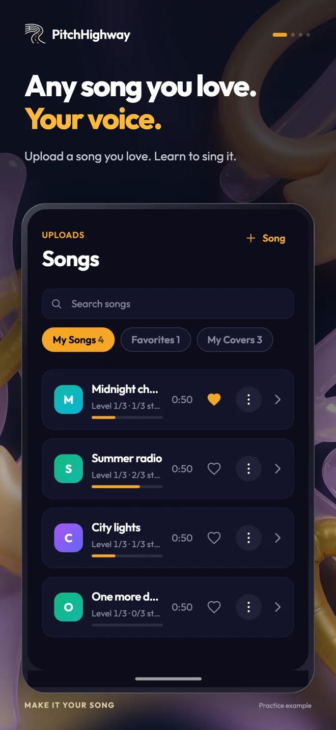 PitchHighway Songs view with uploaded songs and practice progress
