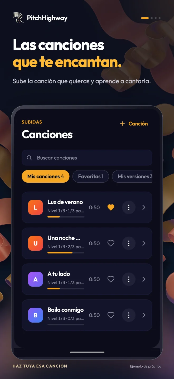 Vista Canciones de PitchHighway con canciones subidas y progreso