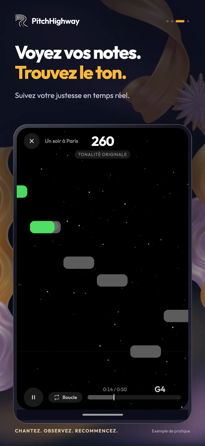 Lecteur Highway avec notes cibles, hauteur en direct et boucle de phrase