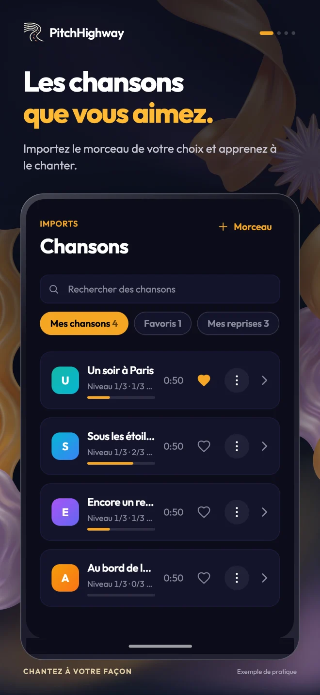 Vue Chansons de PitchHighway avec morceaux importés et progression