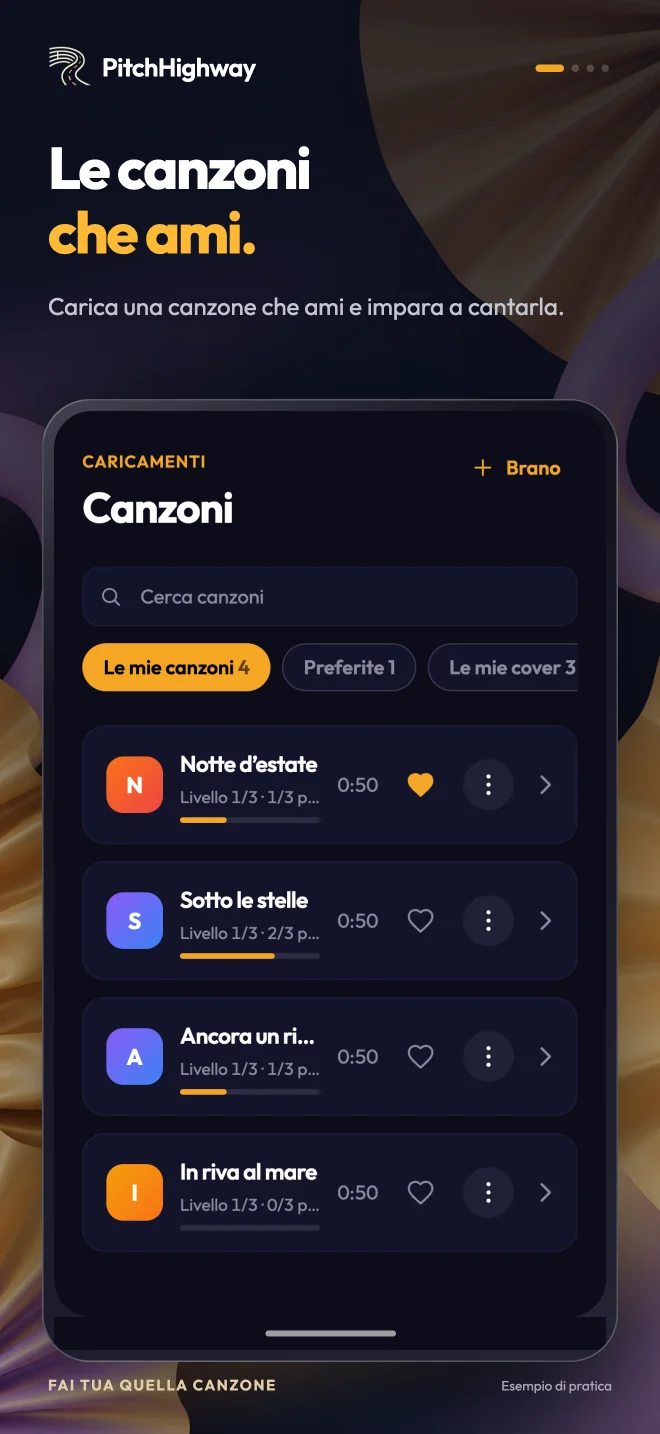 Vista Brani di PitchHighway con canzoni caricate e progressi