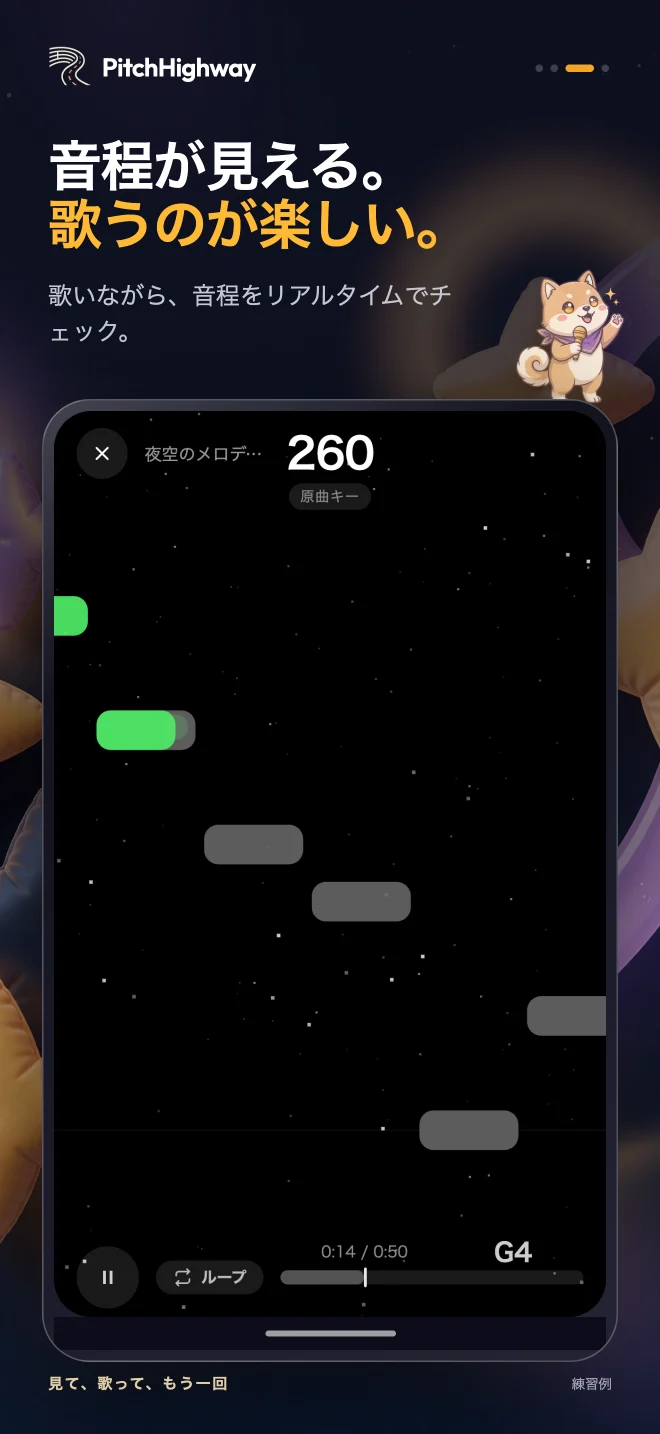 目標のノート、声の高さ、フレーズのループ機能を表示するHighway画面