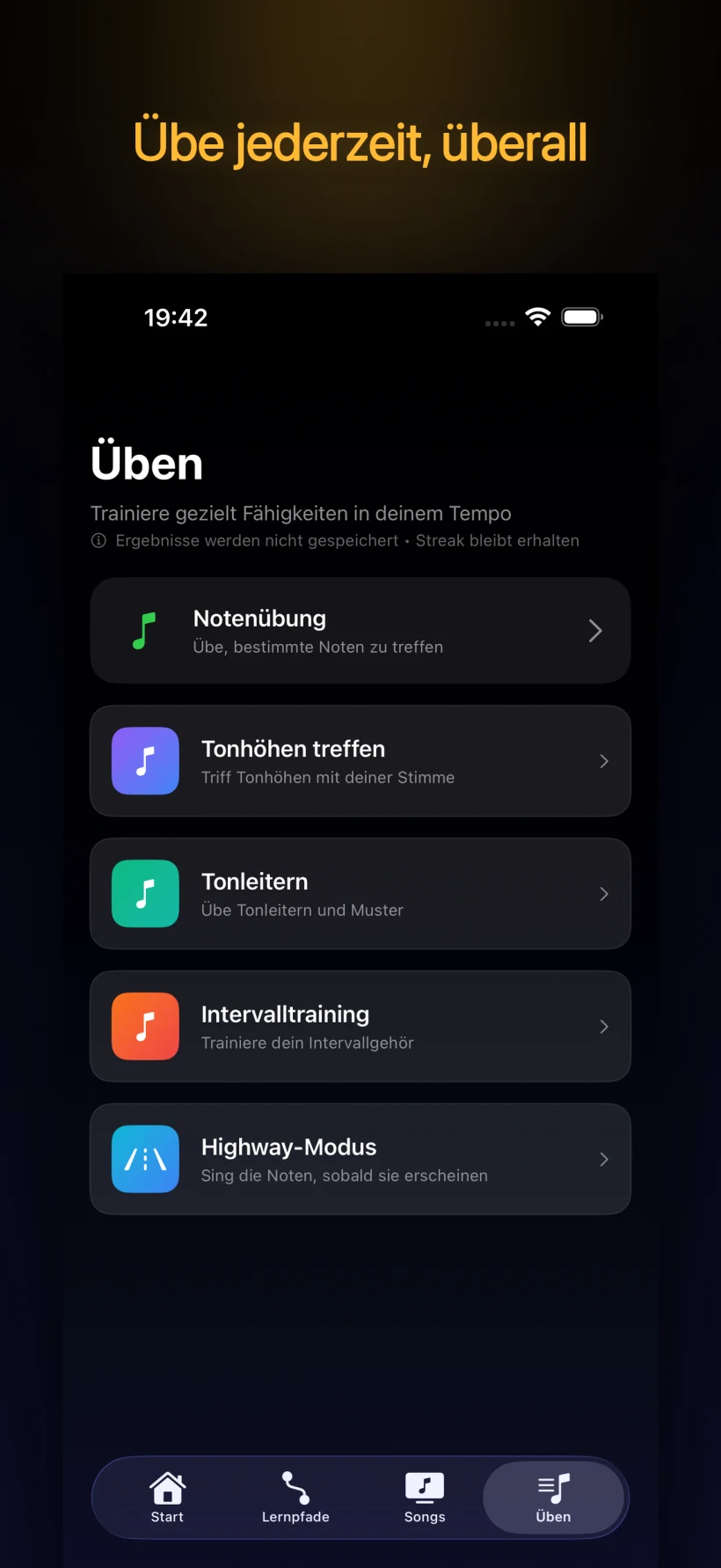 Übungsmodi — Noten-Training, Tonhöhentreffen, Tonleitern, Intervalle und Highway-Modus