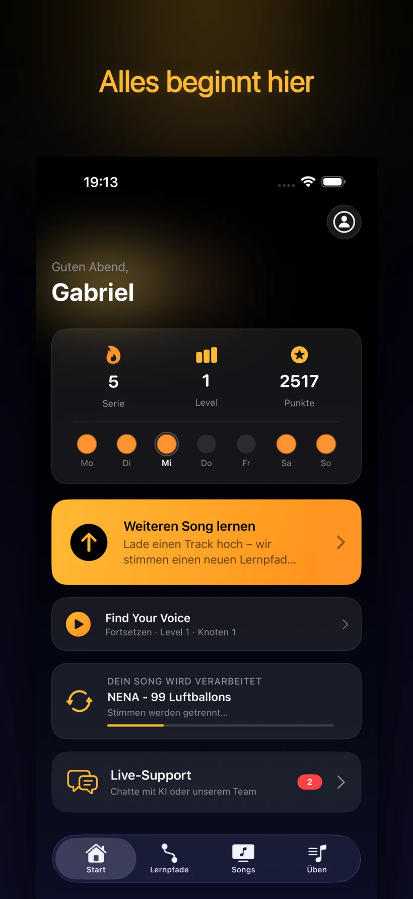 Start-Dashboard — Serie, Level, Punktzahl und dein nächster Schritt im Lernpfad