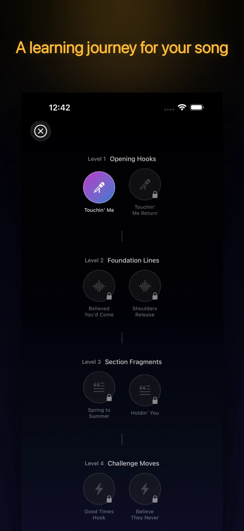 Structured journeys — skill tree from first note to full songs