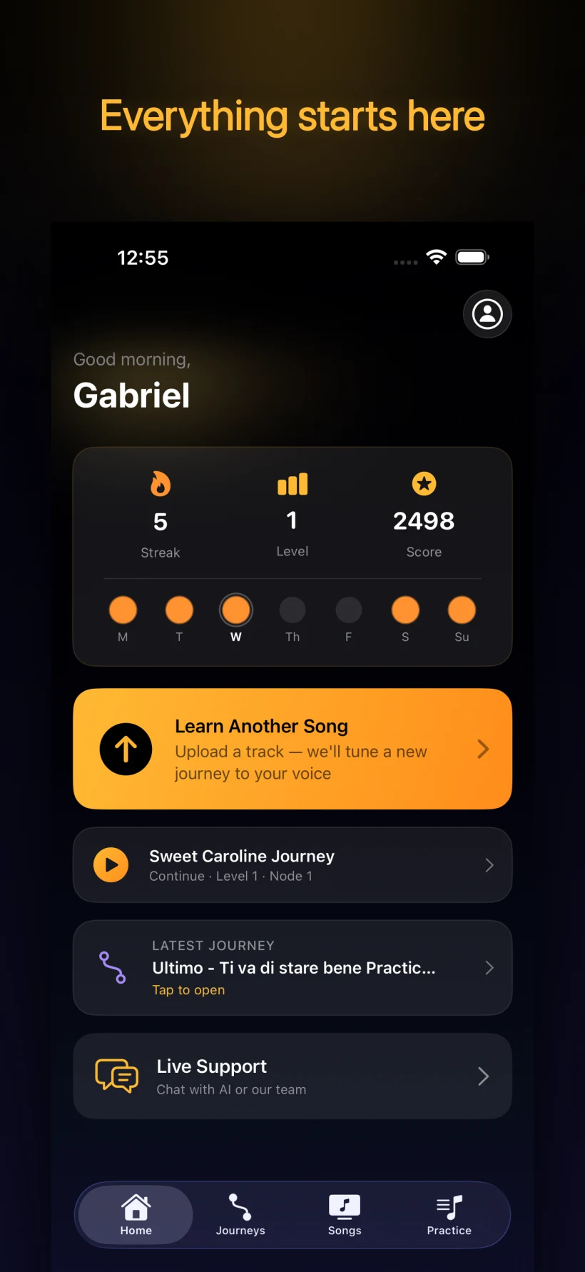 Home dashboard — streak, level, score, and your next journey step
