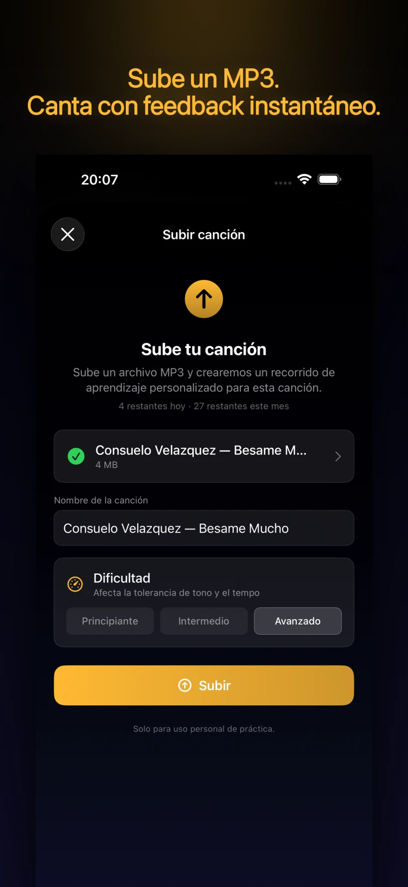 Biblioteca de canciones de PitchHighway — sube cualquier MP3