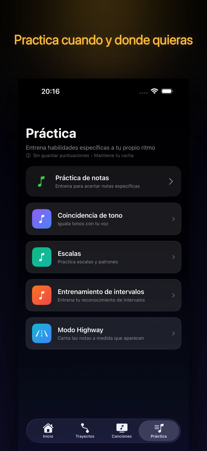 Modos de práctica — práctica de notas, afinación, escalas, intervalos y modo Highway