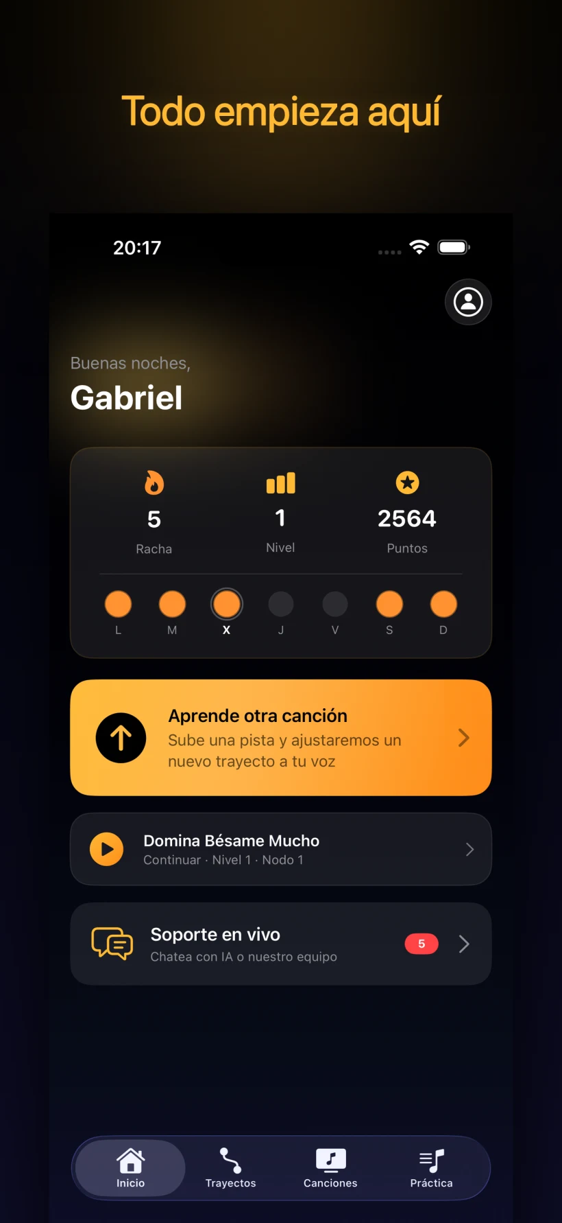 Panel de inicio — racha, nivel, puntuación y tu siguiente paso del trayecto