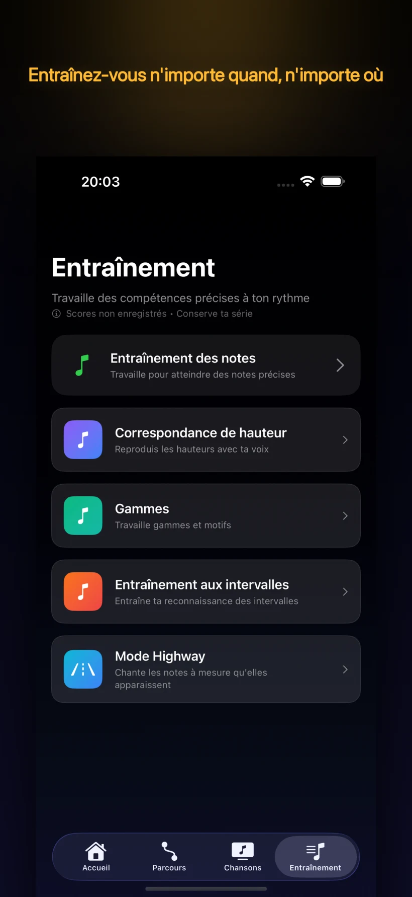 Modes d’entraînement — exercice de notes, justesse, gammes, intervalles et mode Highway