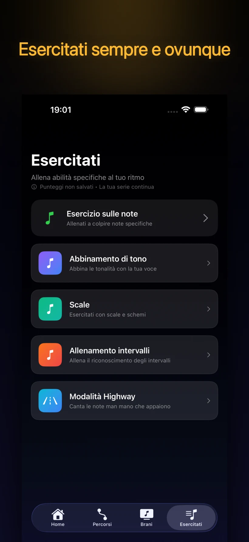 Modalità di pratica — esercizio sulle note, intonazione, scale, intervalli e modalità Highway