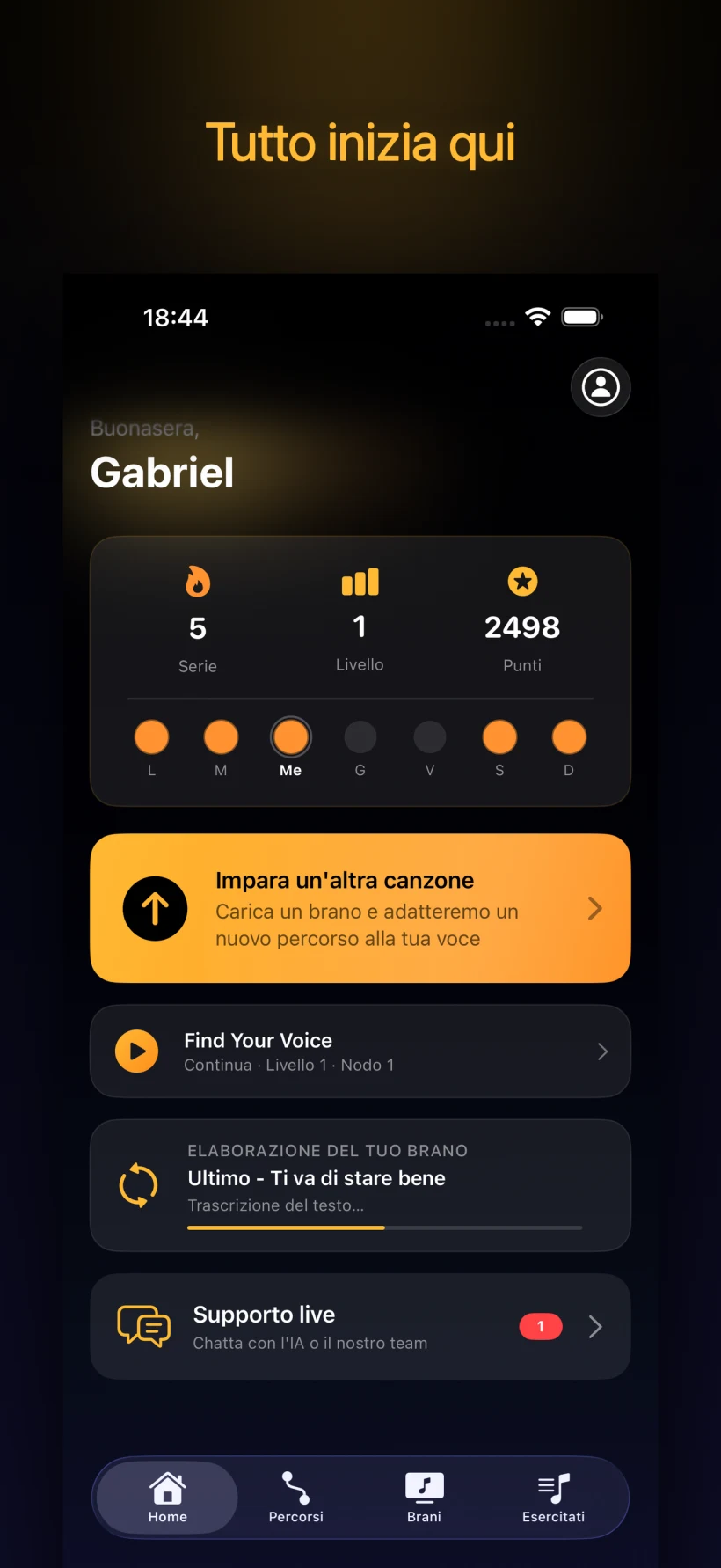 Dashboard iniziale — serie, livello, punteggio e il tuo prossimo passo del percorso
