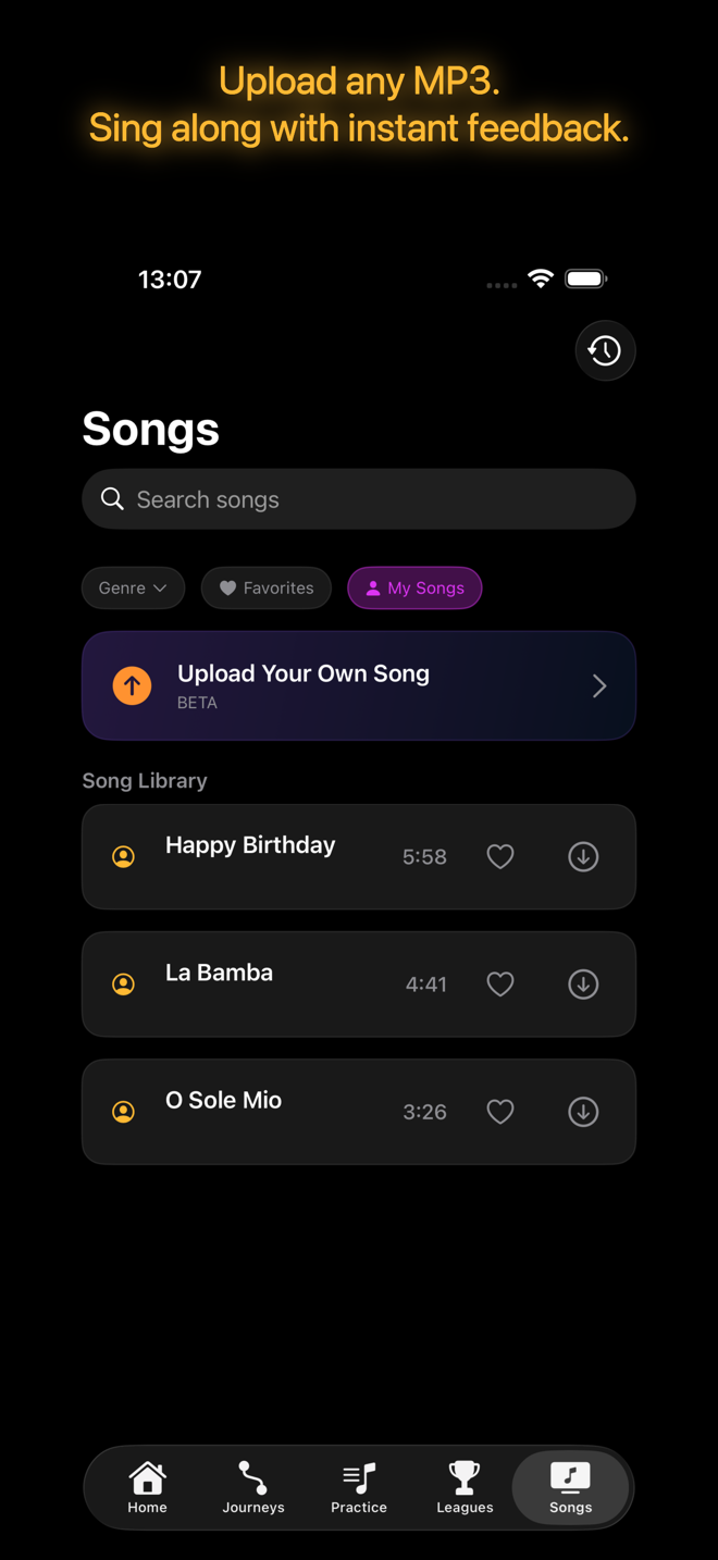 PitchHighway song library — upload any MP3