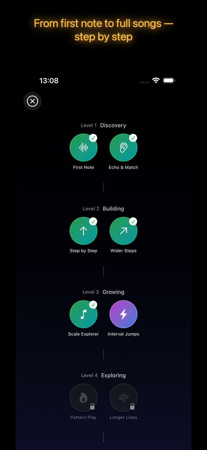 Structured journeys — skill tree from first note to full songs