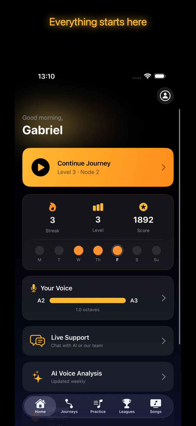 Dashboard — streaks, levels, score, AI coaching