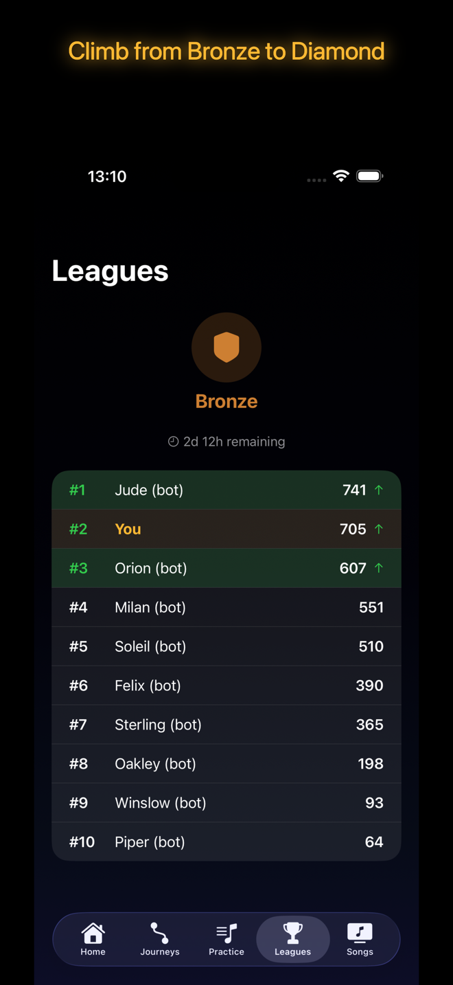 Weekly leagues — climb from Bronze to Diamond