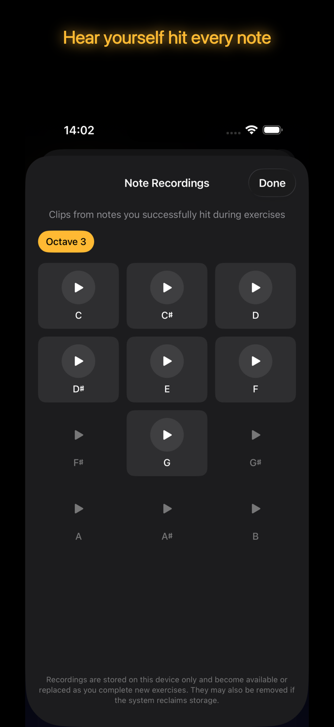 Note recordings — hear yourself hit every note
